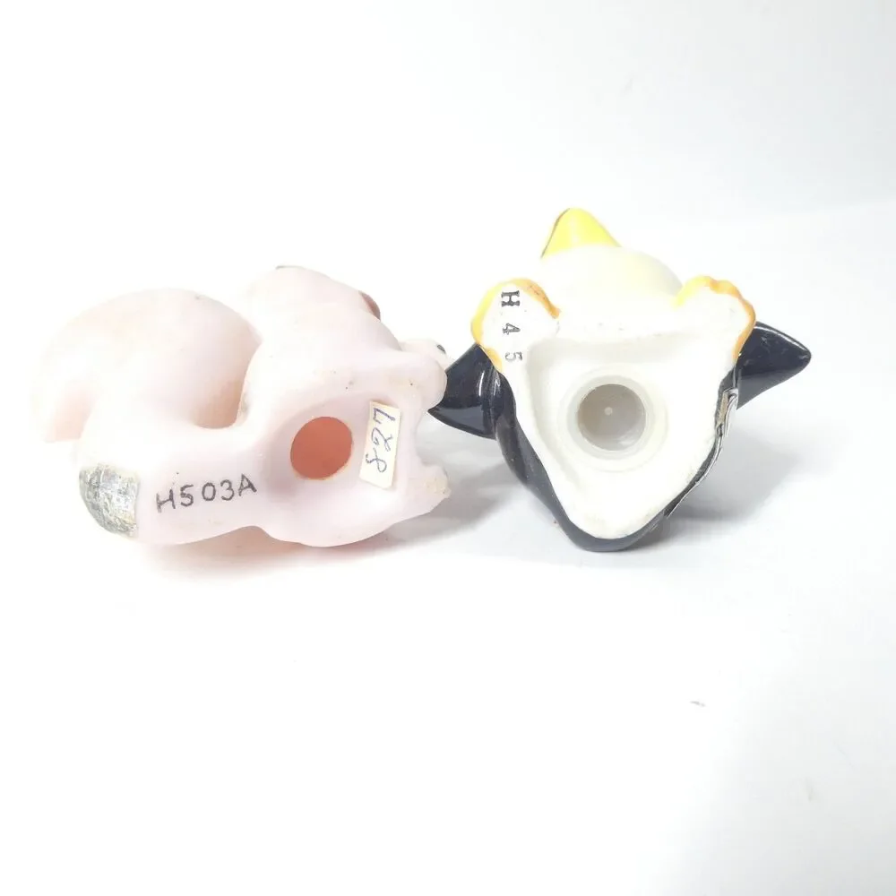 2 Norcrest Japan Salt Pepper Shakers Pink Skunk Squirrel + Penguin Vintage MCM
